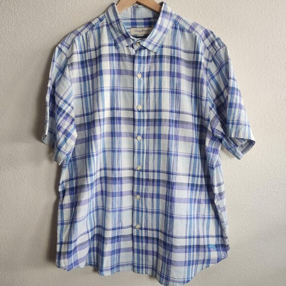 Tommy Bahama Shirt Mens Extra Large Blue Plaid Short Sleeve Button Marlin Logo - Picture 1 of 9